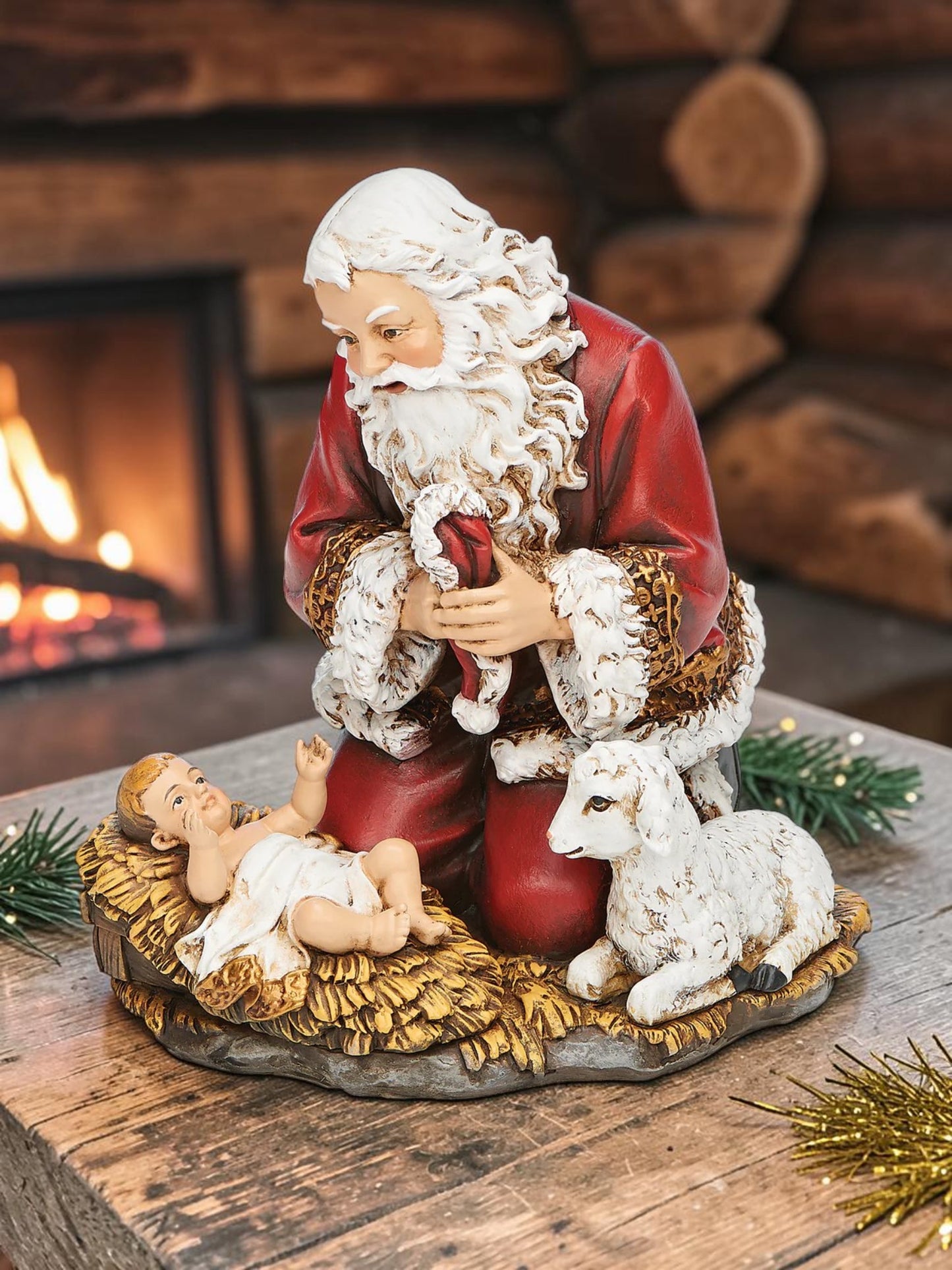 8" Kneeling Santa w/ Baby Jesus and Lamb Figure