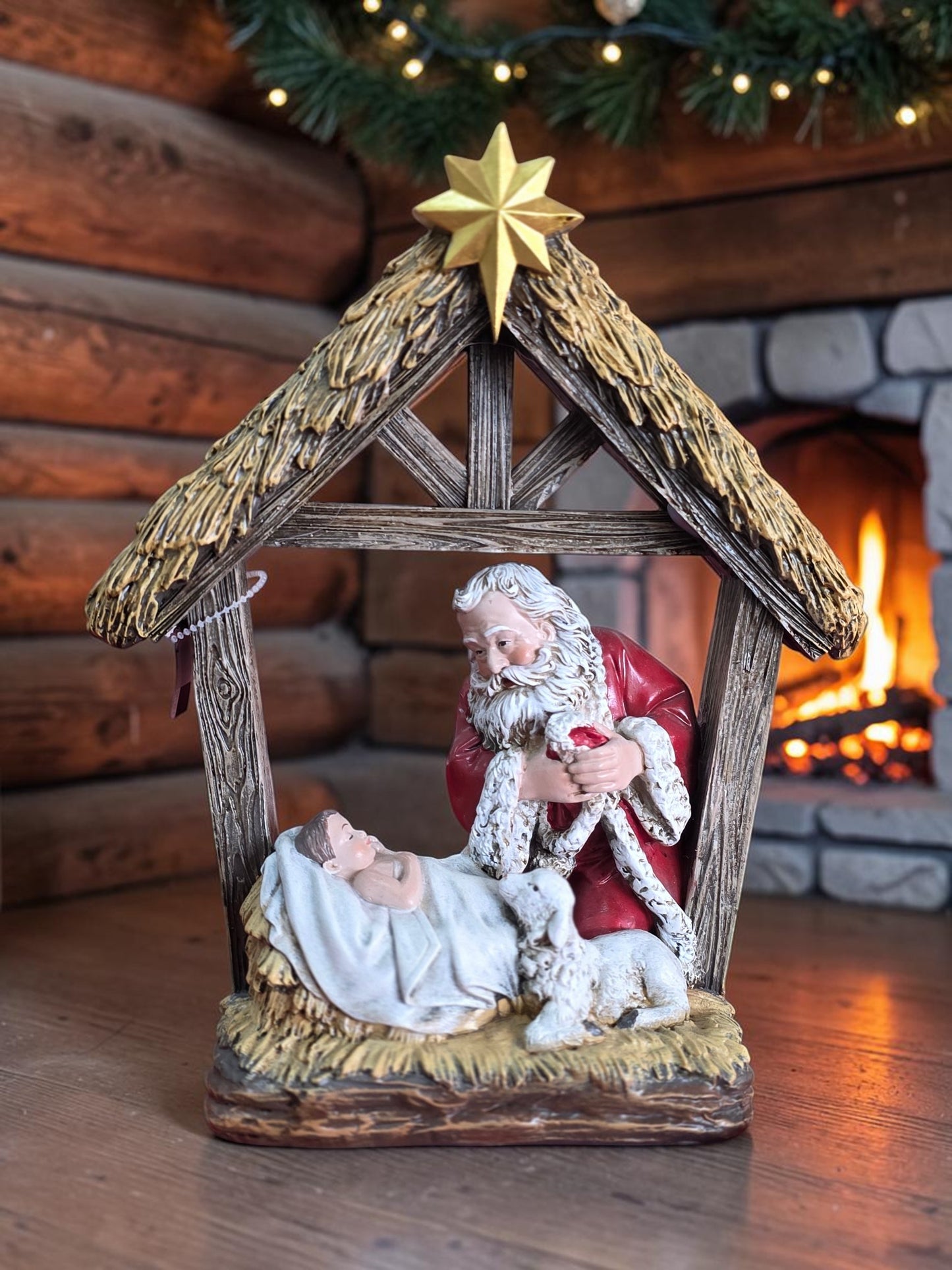 Lighted Kneeling Santa with Stable Figure