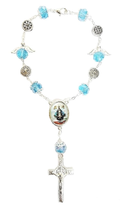 Silver Angel Bead Car Rosary with Benedict Medals (MORE SAINTS)