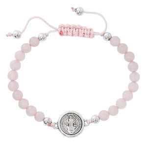 Saint Benedict Rose Quartz Bead Cord Bracelet