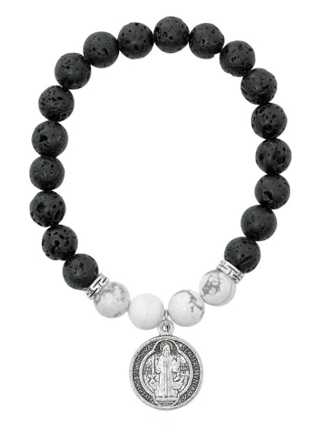Saint Benedict Black Lava and Howlite Stretch Bracelet