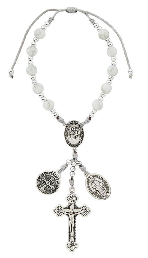 Saint Christopher with Miraculous and Saint Benedict Medal Marble Cord Car Rosary