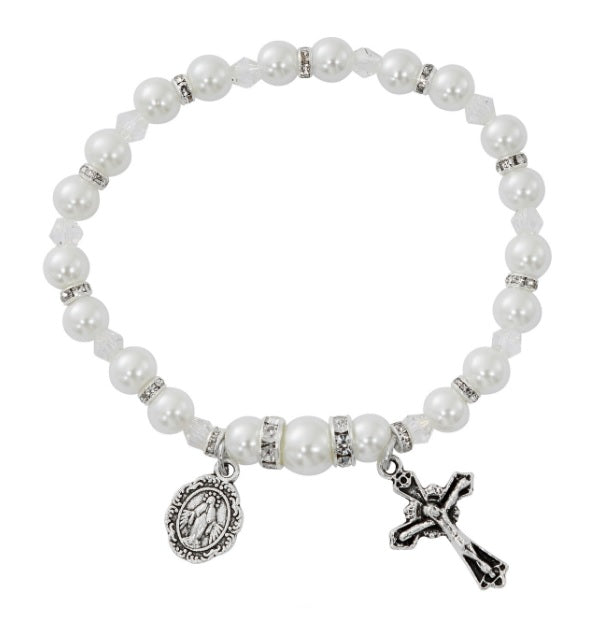 White Pearl Birthstone Rosary Stretch Bracelet (MORE COLORS)