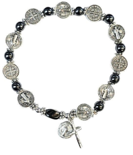 Saint Benedict Hematite Rosary Stretch Bracelet