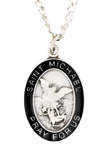 24" Saint Michael Black Enamel Necklace