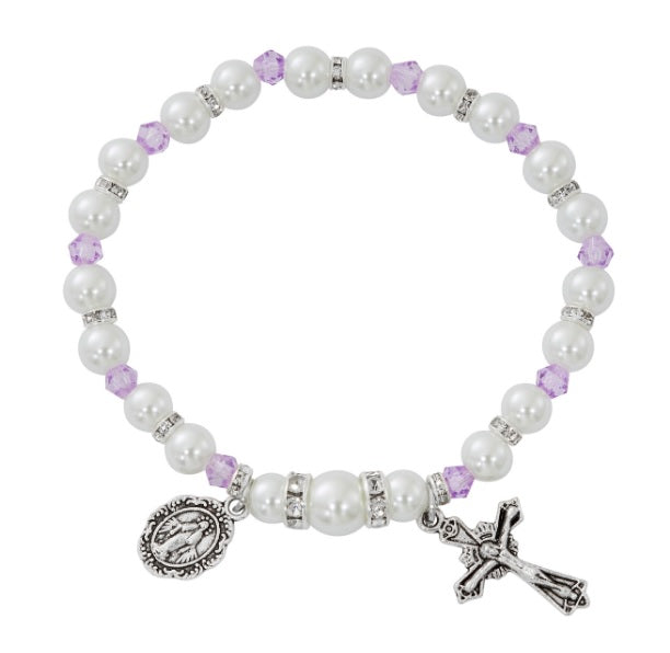 White Pearl Birthstone Rosary Stretch Bracelet (MORE COLORS)