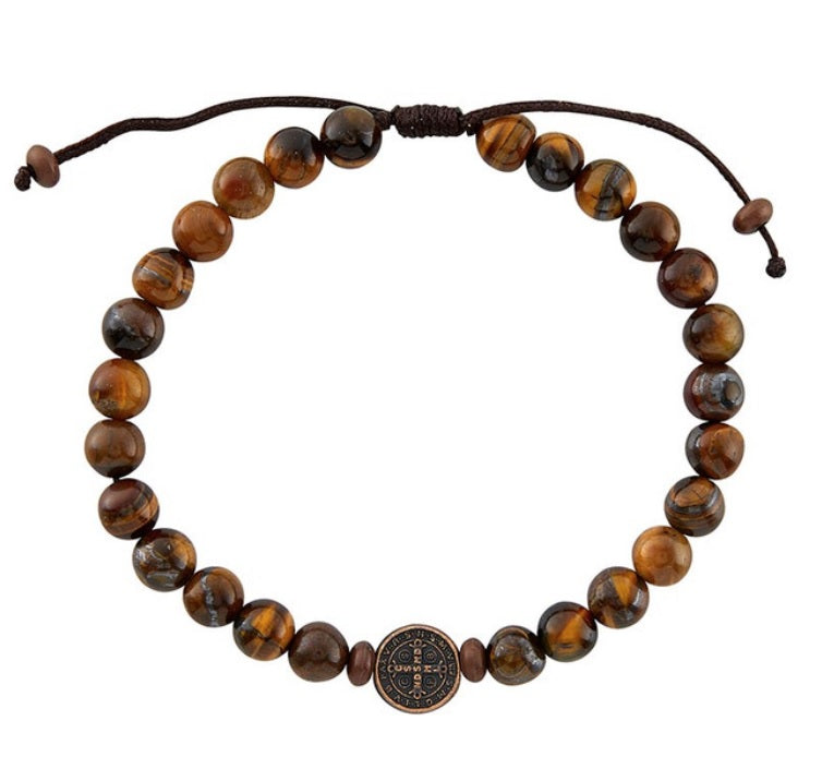 Saint Benedict Tiger Eye Cord Bracelet