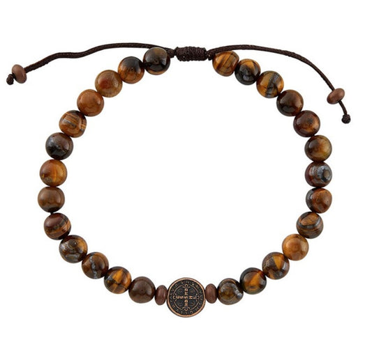 Saint Benedict Tiger Eye Cord Bracelet