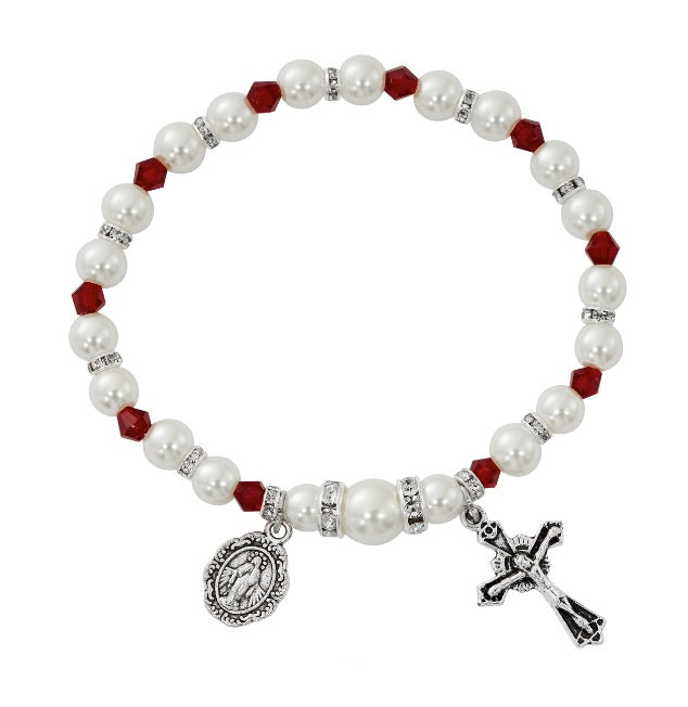 White Pearl Birthstone Rosary Stretch Bracelet (MORE COLORS)