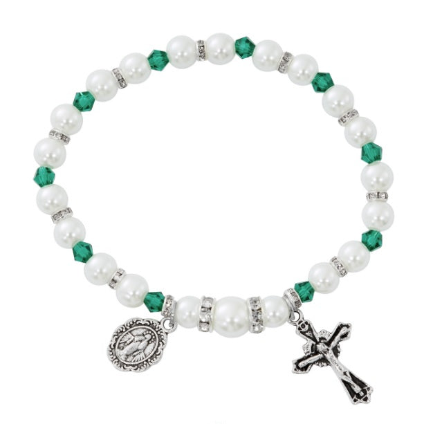 White Pearl Birthstone Rosary Stretch Bracelet (MORE COLORS)