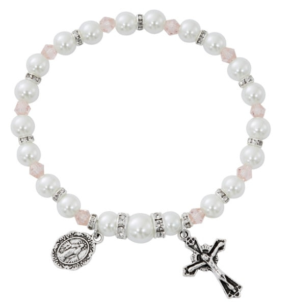 White Pearl Birthstone Rosary Stretch Bracelet (MORE COLORS)