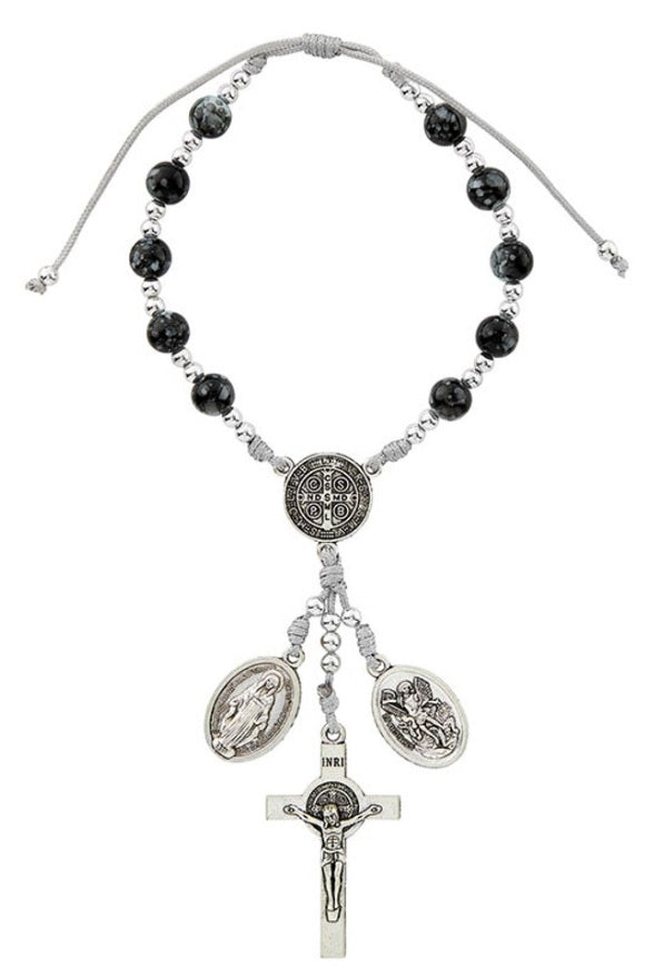 Saint Benedict with Miraculous and Saint Michael/Guardian Angel Medal Marble Cord Car Rosary