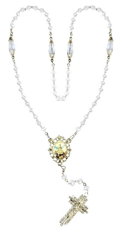Our Lady of Fatima Clear Crystal Rosary with Stone Cross