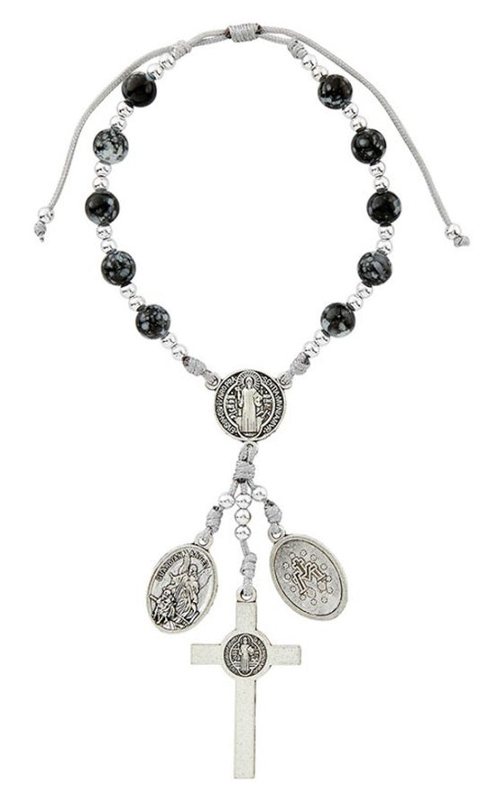 Saint Benedict with Miraculous and Saint Michael/Guardian Angel Medal Marble Cord Car Rosary