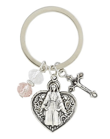 Mary with Heart and Cross Key Chain