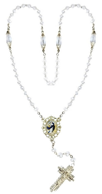 Mary Undoer of Knots Clear Crystal Rosary with Stone Cross