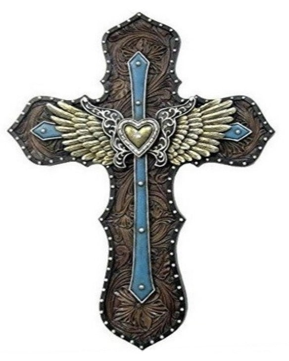 Blue Layered Heart with Wings Cross