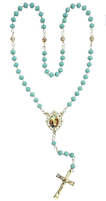 Holy Family Aqua Green Crystal Rosary