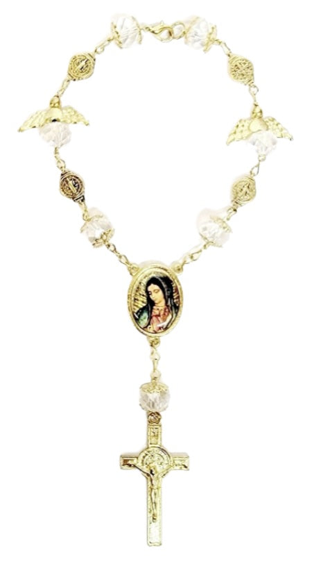Gold Angel Bead Car Rosary with Benedict Medals (MORE SAINTS)