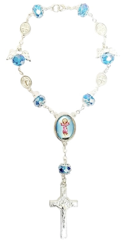 Silver Angel Bead Car Rosary with Benedict Medals (MORE SAINTS)