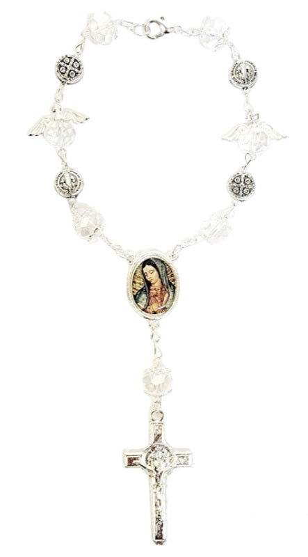 Silver Angel Bead Car Rosary with Benedict Medals (MORE SAINTS)