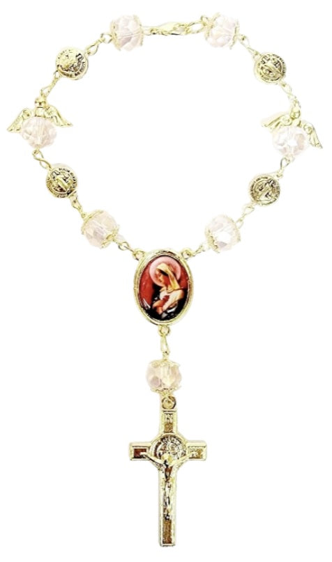 Gold Angel Bead Car Rosary with Benedict Medals (MORE SAINTS)