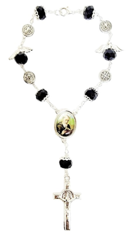 Silver Angel Bead Car Rosary with Benedict Medals (MORE SAINTS)