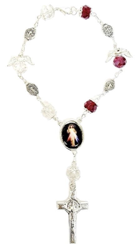 Silver Angel Bead Car Rosary with Benedict Medals (MORE SAINTS)