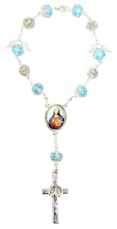 Silver Angel Bead Car Rosary with Benedict Medals (MORE SAINTS)