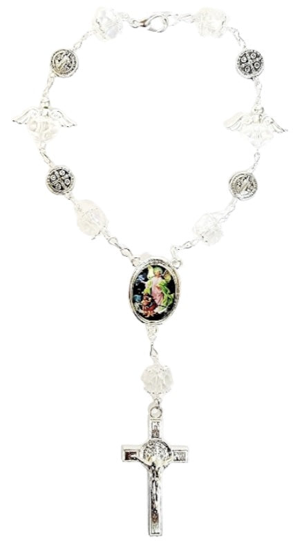 Silver Angel Bead Car Rosary with Benedict Medals (MORE SAINTS)