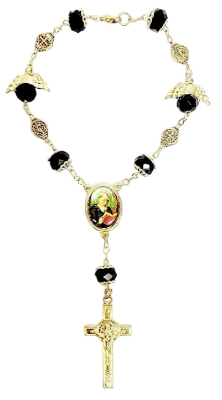 Gold Angel Bead Car Rosary with Benedict Medals (MORE SAINTS)