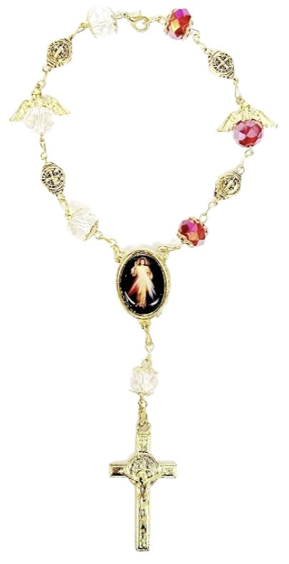 Gold Angel Bead Car Rosary with Benedict Medals (MORE SAINTS)