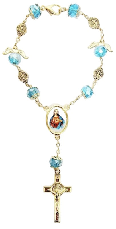 Gold Angel Bead Car Rosary with Benedict Medals (MORE SAINTS)