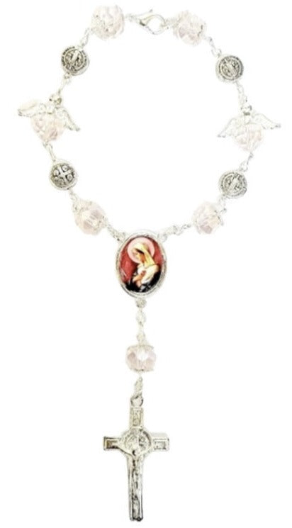 Silver Angel Bead Car Rosary with Benedict Medals (MORE SAINTS)