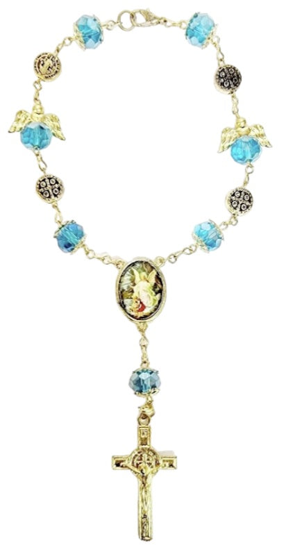 Gold Angel Bead Car Rosary with Benedict Medals (MORE SAINTS)