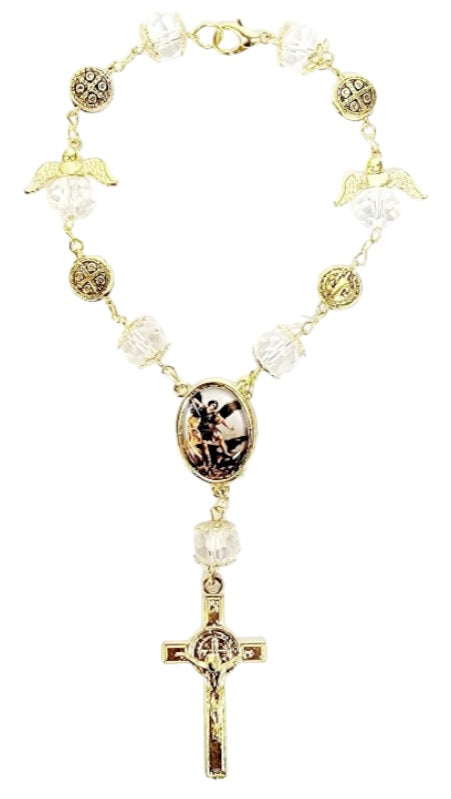 Gold Angel Bead Car Rosary with Benedict Medals (MORE SAINTS)