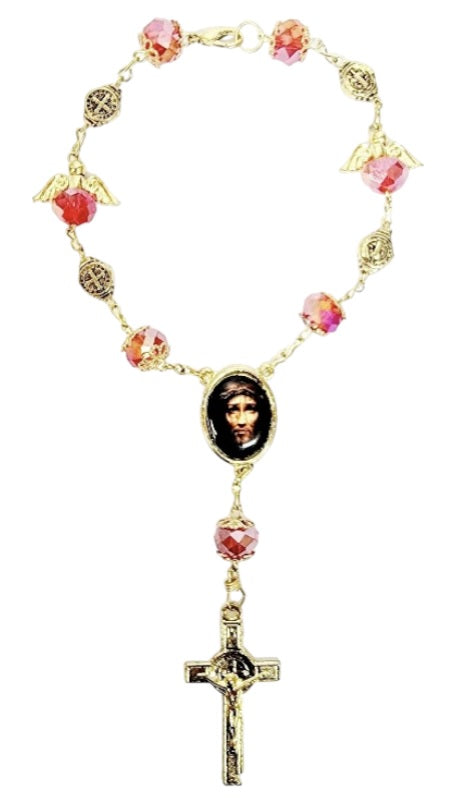 Gold Angel Bead Car Rosary with Benedict Medals (MORE SAINTS)
