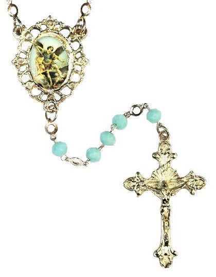 Saint Michael Aqua Green Crystal Rosary