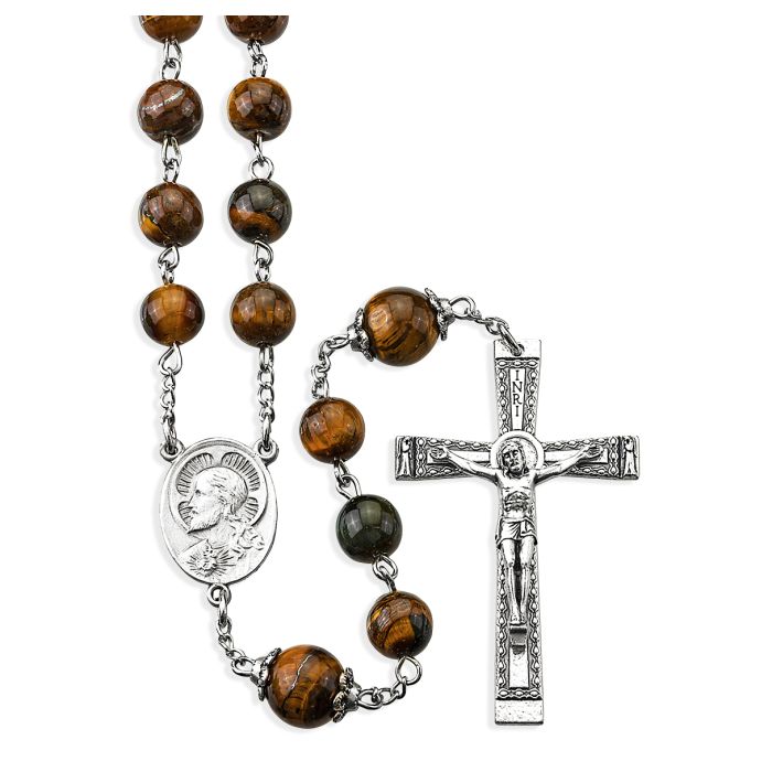 Sacred Heart of Jesus Tiger Eye Bead Rosary