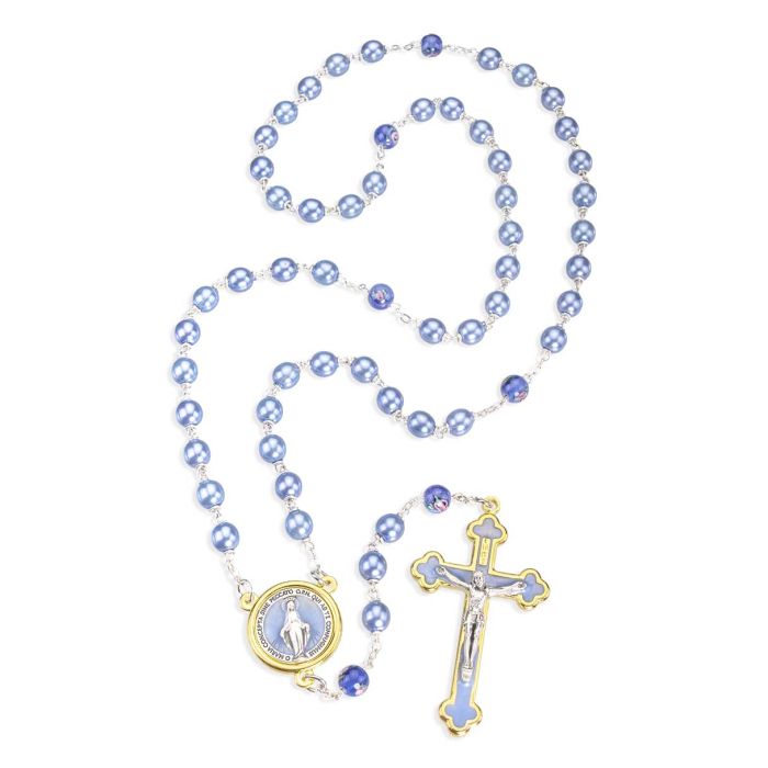 Miraculous Light Blue Pearl Rosary