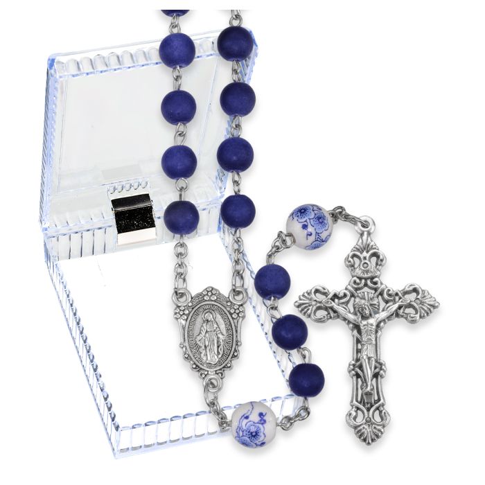 O.L.Grace Blue Frosted Beads w/Flowers Rosary