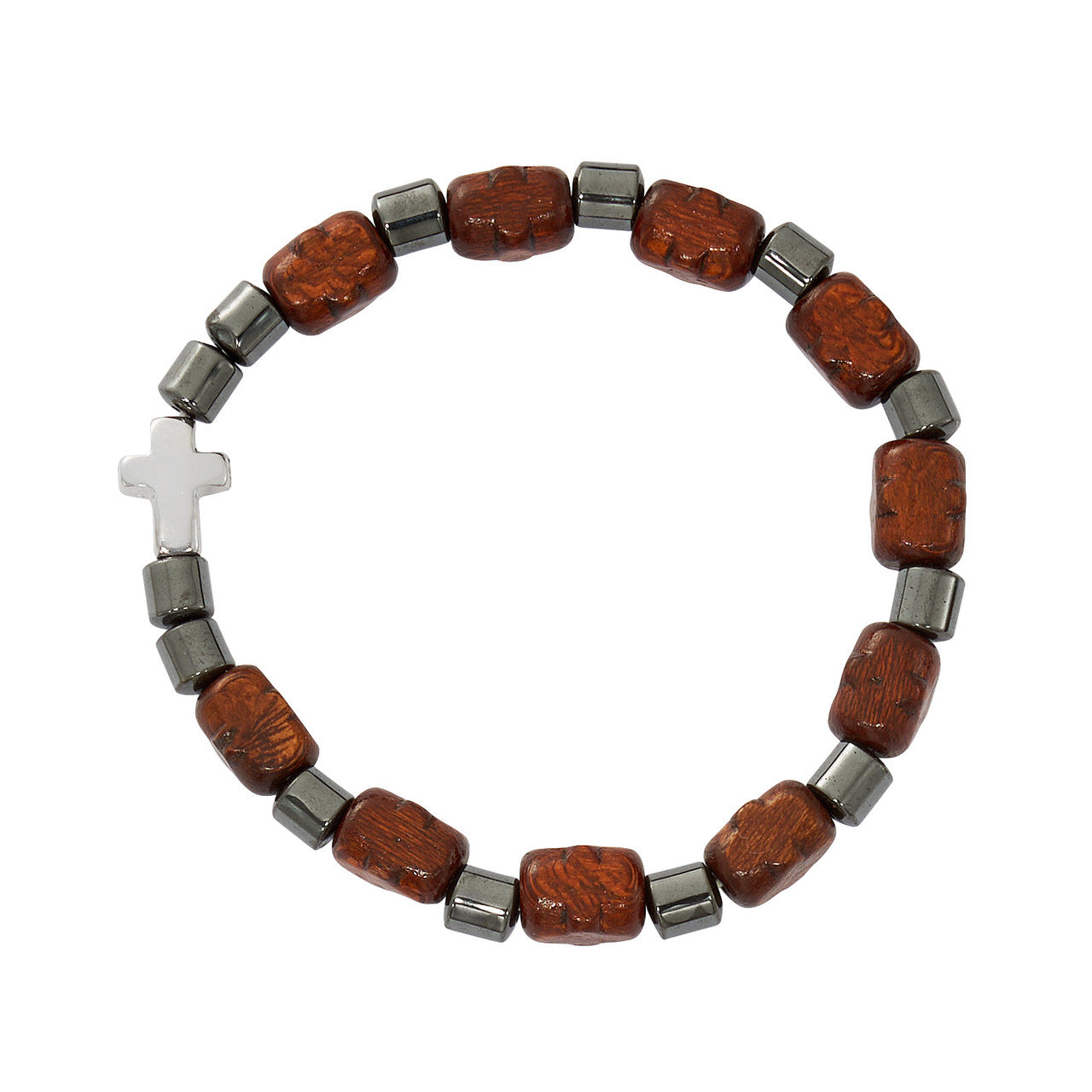 Dark Brown Wood Cross Stretch Bracelet