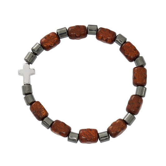 Dark Brown Wood Cross Stretch Bracelet