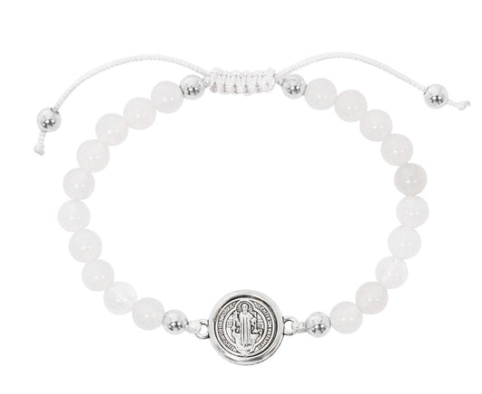 Saint Benedict White Bead Cord Bracelet