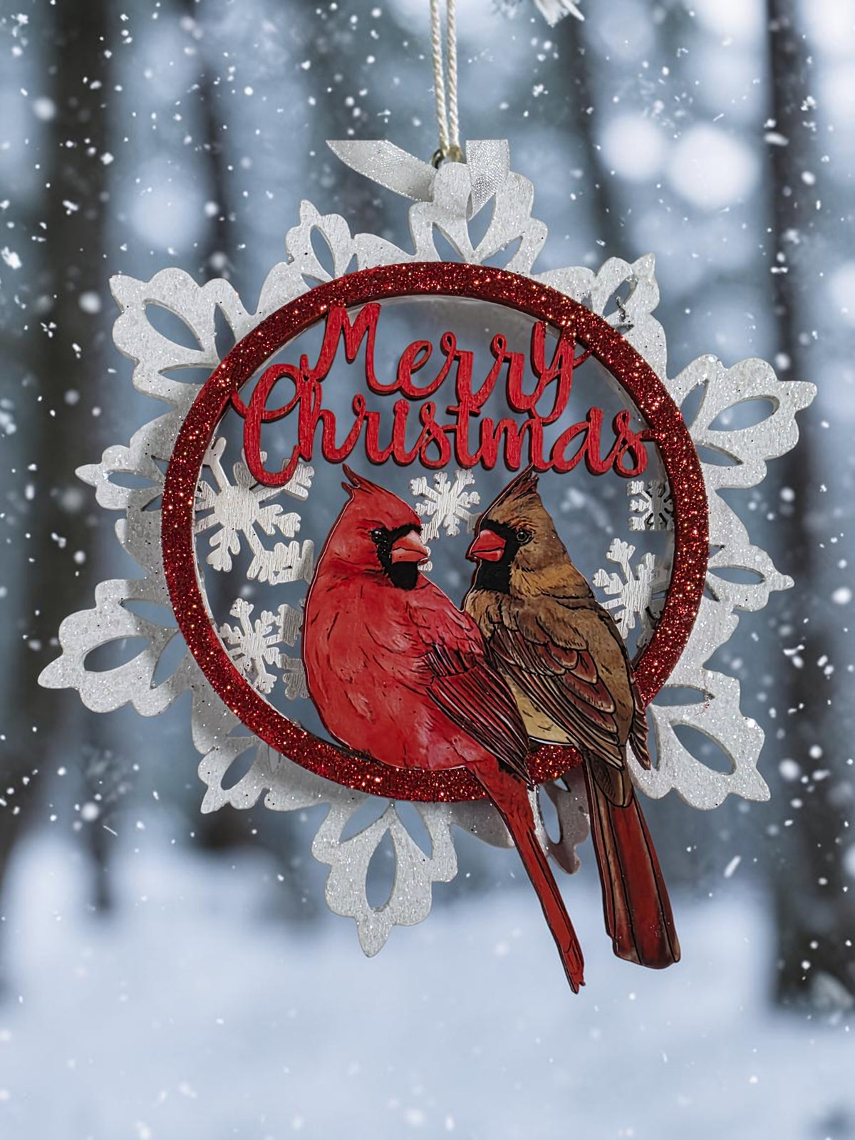 5.5" Merry Christmas Snowflake with Cardinals Ornament
