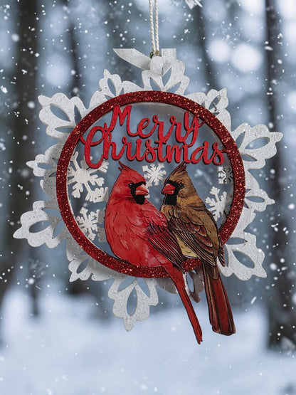 5.5" Merry Christmas Snowflake with Cardinals Ornament