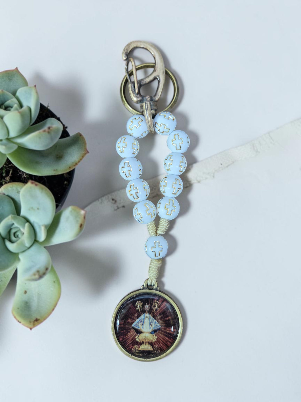 Virgin de San Juan White Cross Decade Keychain
