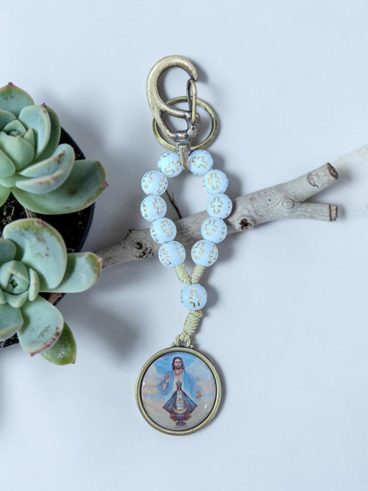 Virgin de San Juan White Cross Decade Keychain