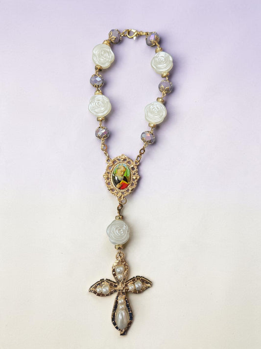 Benedict Purple Crystals with White Flower Car Rosary