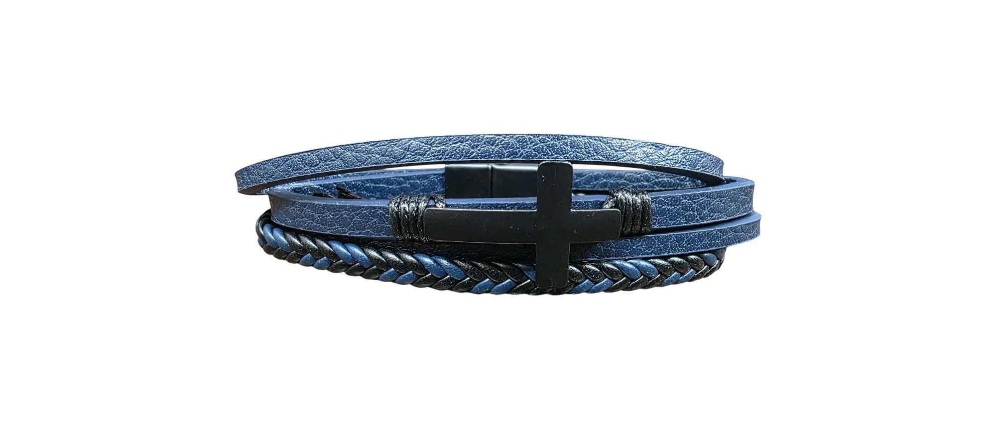 Blue braided leather bracelet with a black clasp 